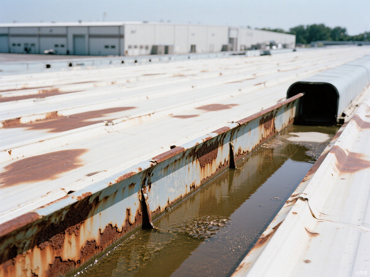 Rusted box gutter & ponding